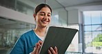 Smile, woman and nurse in hospital with tablet, report and reading for illness and wellness. Healthcare, medical service and person in lobby for clinical trial, technology or schedule for information