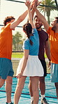 Padel, sports and people high five on court for teamwork, support and motivation for practice outdoor. Fitness, applause and men with women together for competition, exercise and training for tennis
