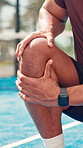 Hands, knee pain and man on tennis court with injury, joint inflammation or training accident. Sports, health and padel player with sore leg, strain or athlete with muscle tension for outdoor game