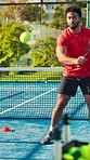 Coaching, padel and game with man on court for competition training, agility practice and club. Challenge, personal trainer and tennis player with people on outdoor turf for sports and fitness