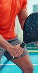 Court, ball and hands with padel racket for match, fitness performance or swing for summer exercise. Sports workout, tennis or athlete with gear for outdoor practice game, person and skills training
