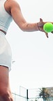 Below, athlete and woman with ball for padel with fitness, match practice and competition. Female person, serving and racket for tennis contest, sports performance and agile technique for tournament 
