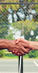 People, handshake, padel and tennis court, sports and respect for competition, thanks and contest. Athlete, shaking hands and gesture with game, success and motivation for training at fitness club