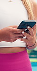 Hands, phone and texting at tennis court, scroll and fitness app for training, exercise and sports. Person, smartphone and click on break, contact or outdoor with chat, social media or post at club