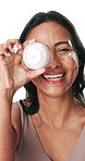 Mature woman, cream and face in studio with skincare, smile and excited for beauty on white background. Person, happy and moisturizer product for dermatology, anti ageing and cosmetics in Colombia