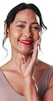 Face, happy woman or red lipstick in studio for makeup aesthetic, beauty cosmetic or glowing skin. Smile, mature person or bold lip gloss for shine, confidence or vibrant makeover on white background