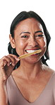 Woman, bamboo toothbrush and face in studio for mouth, grooming and oral hygiene on white background. Mature person, brushing teeth and self care with dental wellness, routine and cleaning in Mexico