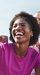 Fitness team, excited women and winner with marathon celebration, goal achievement and low angle. Exercise, happy group and cheering for success, training motivation or champion with people outdoor