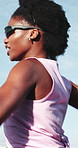 Fitness, running and black woman in city on bridge for workout, training or health in morning. Wellness, highway and African female athlete with cardio exercise for sports practice in urban town.