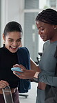 Laughing, friends and women with smartphone in gym, online and watching funny videos on social media. Happy, athletes or people with mobile for entertainment, humor and break with tech in health club