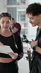 Gym, man and woman with clipboard for sign up, explaining and personal trainer with info for session. Health club, membership and instructor with checklist for fitness class, people and registration