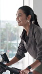 Spin class, healthy and woman with bike, cardio and training for body strength, wellness and active. Gym, endurance and person on machine for workout routine, mobility and cycling for fitness goals