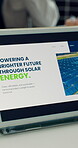 Presentation, solar energy and tablet screen in office for eco friendly power or sustainability. App, display and video streaming with digital technology in workplace for photovoltaic production