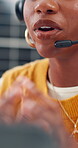 Office, video call and woman with headset, mouth and discussion for lead generation or telemarketing. Customer service, contact us and black person with laptop for virtual consultation and sales