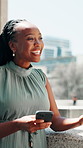 Business woman, phone and laugh on balcony, break and share with colleagues, meme or post at office. Person, team and happy with smartphone, mobile app and funny video on social media at workplace