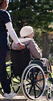 Park, nurse and walking with old woman in wheelchair for medical support, fresh air or elderly care. Retirement, caregiver or person with disability for rehabilitation, healthcare service or wellness