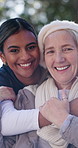 Face, outdoor and nurse with old woman, hug and bonding together with support. Elderly patient, caregiver and embrace in park, retirement and wellness with friendly physician, love and healthcare