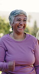 Laughing, old woman and group in nature, fitness and getting ready for exercise routine and outdoor. Active, elderly people and preparing for workout, retirement and smile for warm up or wellness