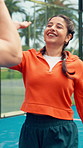 Tennis, woman and happy with high five on court for fitness practice, sportsmanship and end of game. Padel, player and greeting opponent at sports club for friendly match, performance and well done
