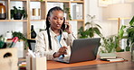 Phone call, contact and black woman in office with laptop for eco friendly business feedback. Cellphone, communication and African conservation worker on mobile discussion for update with client.
