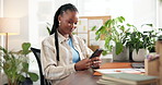 Phone, happy and black woman in office with networking for sustainable business feedback. Smile, connectivity and African female conservation worker with cellphone for communication with client.