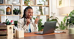 Florist, woman and celebration with laptop for success, fist pump or excited winner with surprise. Computer, plant shop or black person with good news, sales target or clap for business loan approval