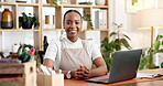 Happy, black woman and face of florist with laptop for agro business startup or nursery in office. Portrait, female person or botanist with smile or confidence on computer for eco friendly workplace