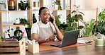 Phone call, communication and black woman in office with computer for eco friendly business feedback. Cellphone, contact and African conservation worker on mobile discussion for update with client.