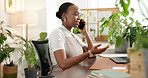 Phone call, discussion and black woman in office with laptop for eco friendly business feedback. Cellphone, contact and African conservation worker on mobile discussion for update with client.