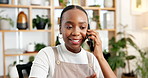 Phone call, communication and black woman in office with research for eco friendly business feedback. Cellphone, contact and African conservation worker on mobile discussion for update with client.