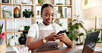 Phone, smile and black woman in office with networking for sustainable business feedback. Happy, connectivity and African female conservation worker with cellphone for communication with client.