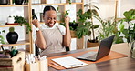 Florist, woman and celebration with laptop, excited winner or fist pump for success with surprise. Computer, plant shop or black person with good news, sales target or clap for business loan approval