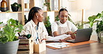 Florist, paper and team with laptop for discussion, problem solving or stress for sales backlog. Black women, computer and planning in plant shop, delivery deadline or document with schedule conflict