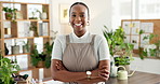 Happy woman, face or florist with plants in office for agro business startup or natural growth. Portrait, female person or botanist with smile, arms crossed or confidence for eco friendly development