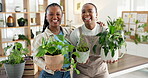 Face, laughing and plants with black women in nursery for collaboration or small business startup. Excited, funny and satisfaction with florist people in boutique for growth or sustainability