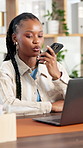 Voice note, smile and laptop with black woman in office for feedback, editing or publishing of article. Conversation, phone and review with creative agency employee for discussion or communication