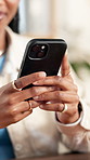 Woman, hands and typing in office with phone for social media, mobile website and digital contact. Closeup, employee and notification for communication, networking or online scroll for business