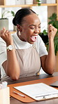 Black woman, fist pump or smile in office with laptop for success, sustainable business or profit. Person, applause or celebration with computer for good news, eco friendly milestone or achievement.