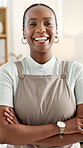 Face, creative and black woman with arms crossed in office for career pride, about us and publication agency. Portrait, journalist and ambition for news reporting, job development and copywriting
