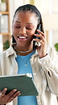 Phone call, feedback and tablet with black woman in office for smile, editing or publishing of article. Conversation, decision and review with creative agency employee for discussion or communication