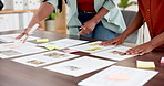 Hands, planning and business people with documents in meeting, marketing chart or idea. Team, talk and paper for advertising, creative brainstorming or brand strategy with sticky note data in office