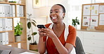 Happy, woman and texting with smartphone in office, network and communication with contact on break. Typing, message and person with mobile for digital chat, online and connection on social media