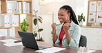 Black woman, laptop and celebration with fist pump at startup, office and happy at media company. African person, writer and journalist with success, goals or smile for achievement at creative agency