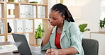 Black woman, laptop and bored at startup, office and thinking with deadline, tired or research. Person, writer or annoyed with glitch, mistake or exhausted with project management at creative agency