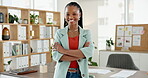 Face, entrepreneur and woman with arms crossed in office, laughing and pride for career development. Happy, marketing manager and confident for business growth, ambitious or brand identity in Nigeria