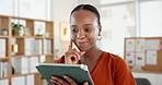 Black woman, tablet and thinking at startup with smile, solution and project management at media company. African person, writer and perspective for problem solving, tech or app at creative agency