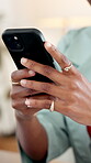 Woman, hands or typing in office with phone for text message, social media post and conversation. Female person, tech or networking in workplace with mobile app chat, online gossip or communication.