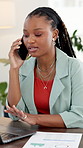 Black woman, consultant or laptop with phone call for business analytics or advice in office. Female person, agent or analyst talking with mobile smartphone for corporate analysis, proposal or report