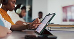 Tablet, hands and student in classroom scrolling at university for research with studying for exam. Digital technology, reading and woman with online textbook for college test or assignment at campus