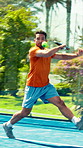 Man, padel and match at tennis court with racket, power and exercise routine for fitness. Person, athlete and outdoor with equipment, sport gear or workout with game, contest or competition at club
